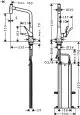 Hansgrohe Spültischmischer mit Ausziehbrause, sichtbare Steuerung und mehrere Anschlüsse, dargestellt in technischen Zeichnungen mit Maßangaben.